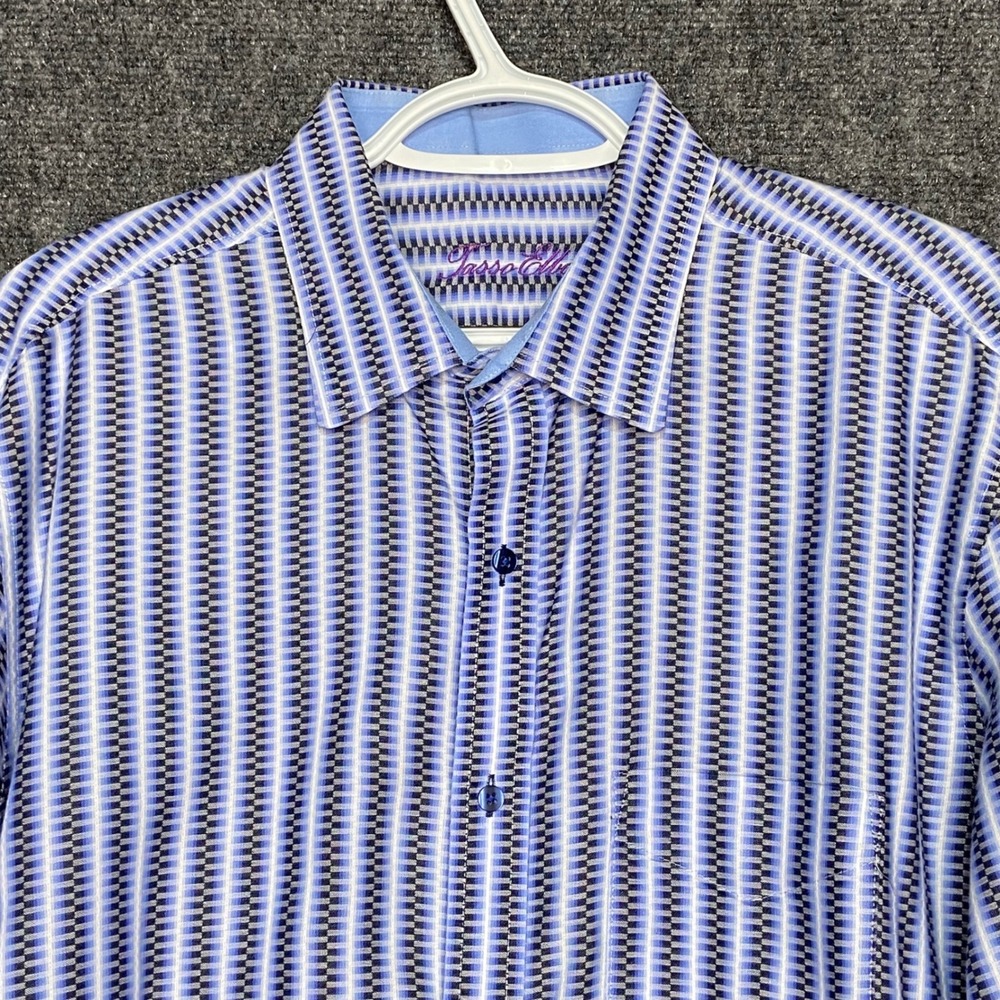 Tasso Elba Men's L (16-16.5)‎ Long Sleeve Button Down Dress Shirt Blue Patterned